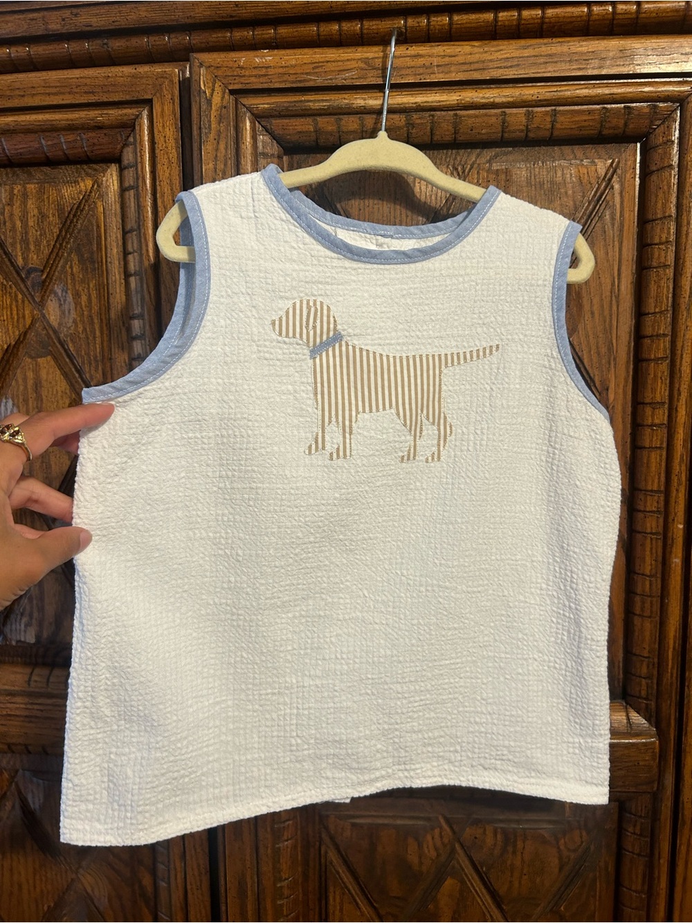 Children's White Sleeveless Tank with Tan Dog Applique and Blue Trim